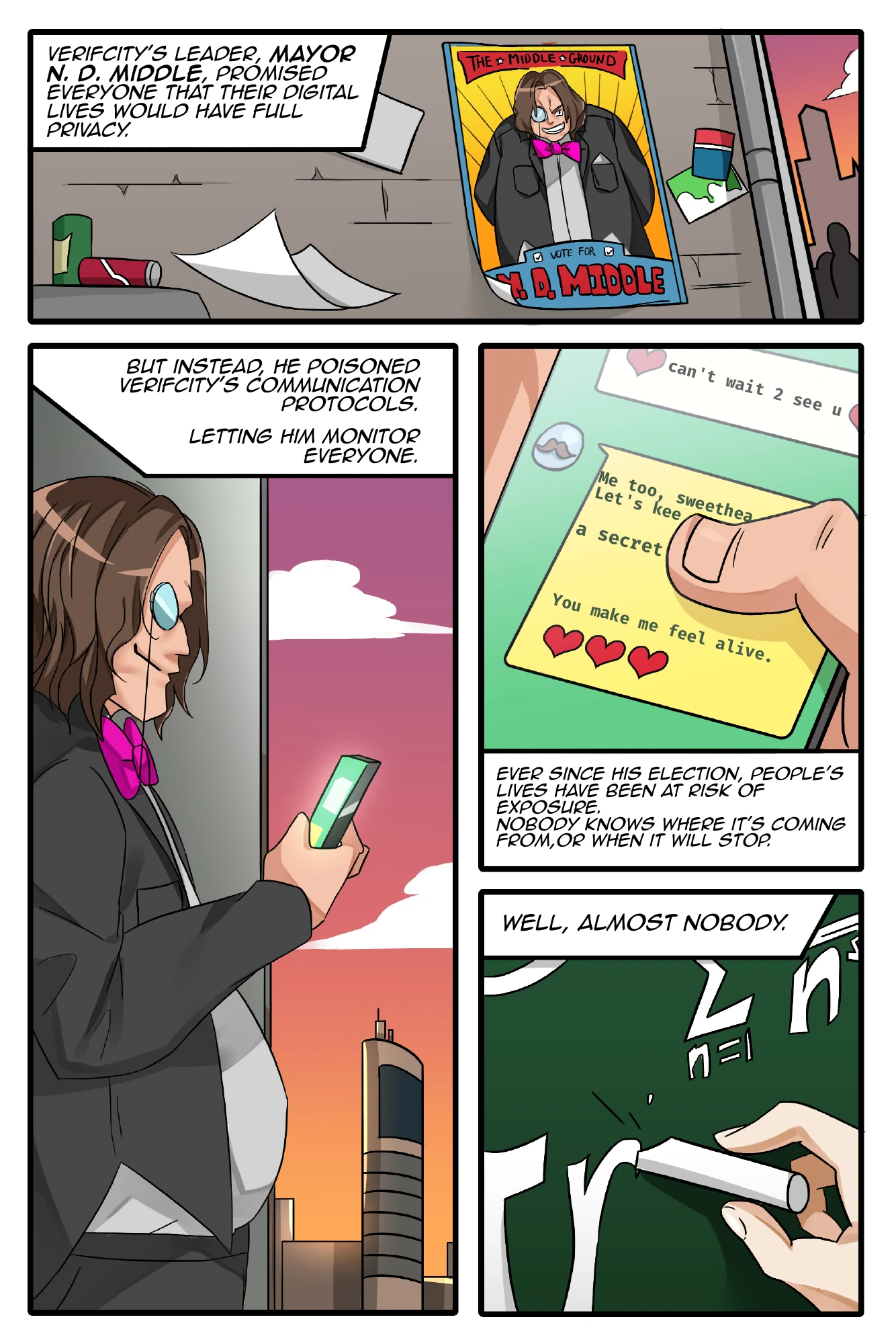 Page 2. Mayor N. D. Middle secretly undermines the city’s communication protocols.