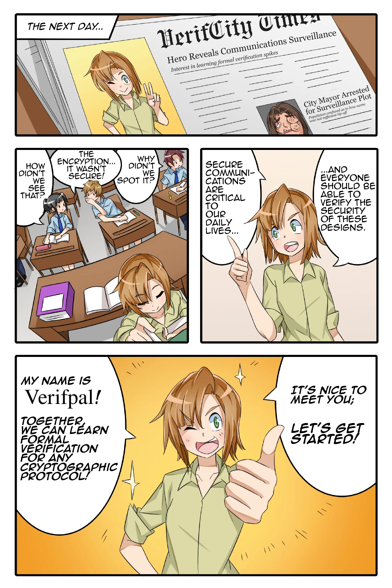 Page 8. The city learns what happened. Verifpal invites everyone to learn formal verification.